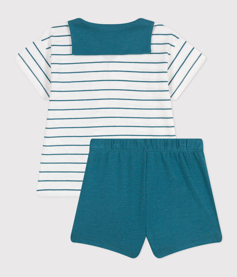 Ensemble b&eacute;b&eacute; deux pi&egrave;ces en coton, t-shirt ray&eacute;, et short uni blanc/vert