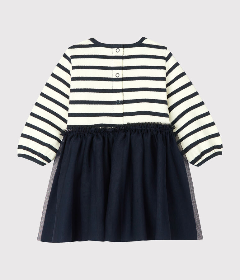 Robe manches longues bi-mati&egrave;re b&eacute;b&eacute; fille blanc/bleu