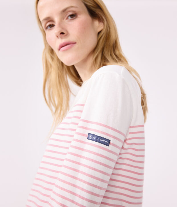 Tee-shirt marini&egrave;re femme en coton manches longues blanc/rose