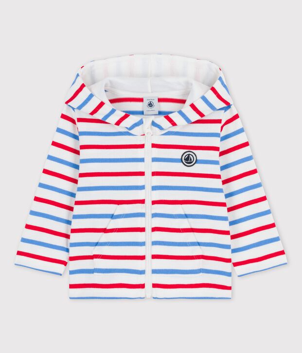 Gestreept sweatshirt met kap in dikke jerseystof voor baby's wit/multicouleur