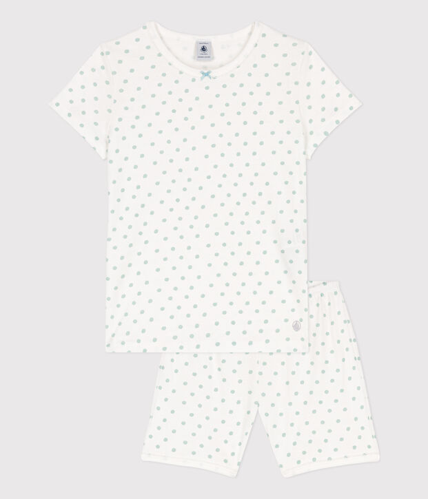 Pyjacourt &agrave; pois en coton petite fille blanc/vert