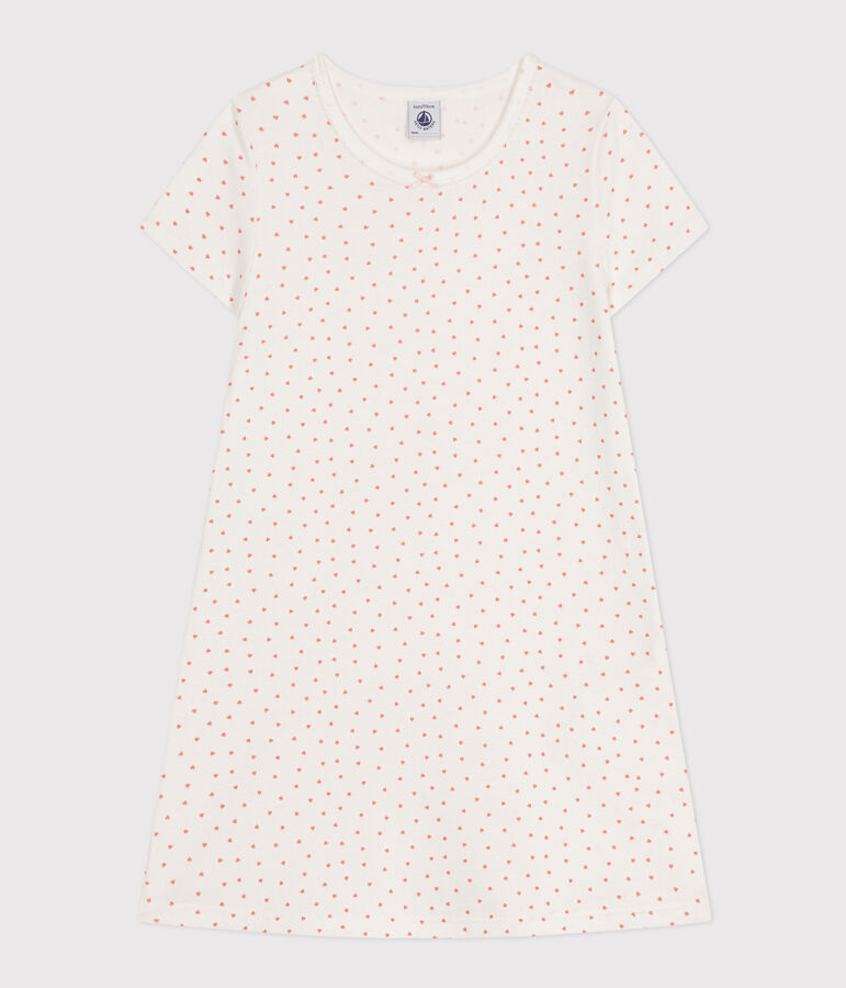Chemise de nuit en coton motif petit c&oelig;ur enfant blanc/rose