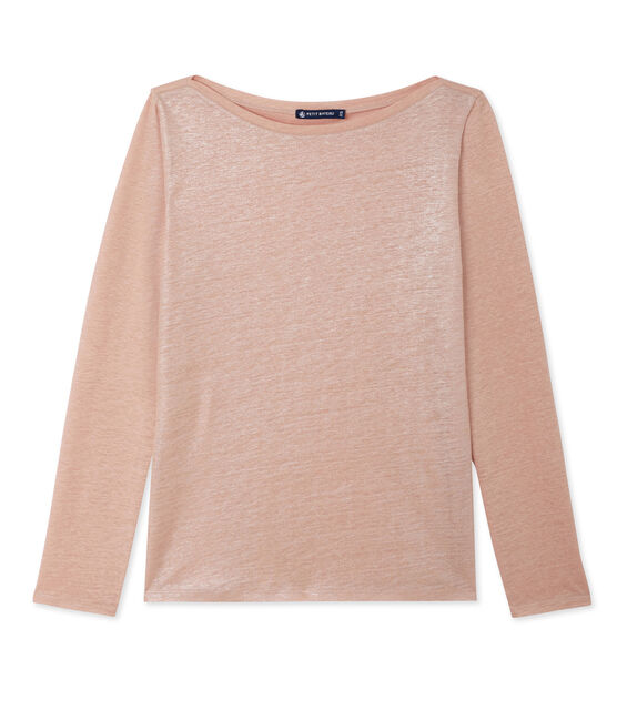 Dames T-shirt met lange mouwen in gelakt linnen roze ROSE/grijs ARGENT