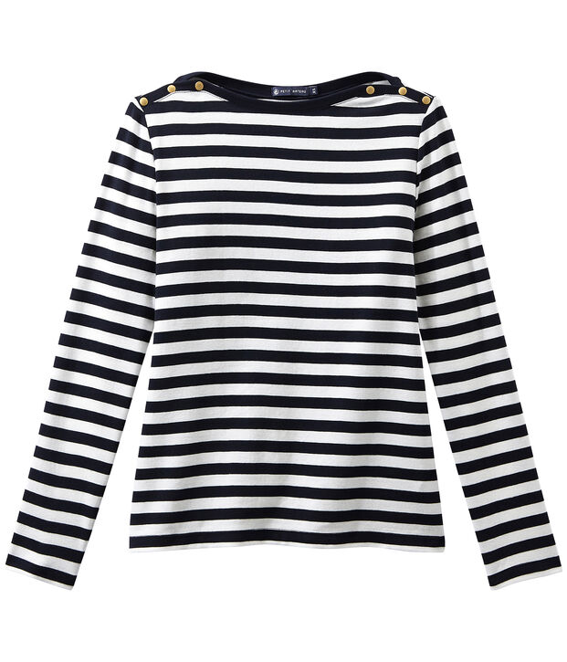Dames-T-shirt met lange mouwen en streepjes blauw/wit