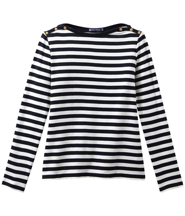 Dames-T-shirt met lange mouwen en streepjes blauw SMOKING/wit MARSHMALLOW