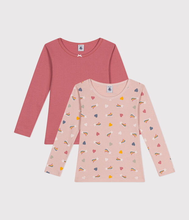 Setje met 2 katoenen T-shirts met lange mouw en hartmotiefje voor kinderen multicouleur