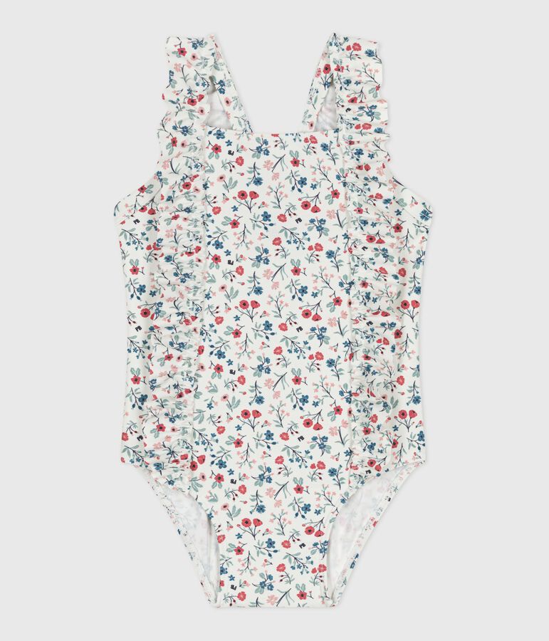 Eendelig babyzwempakje met ruches en bloemenprint wit/multicouleur