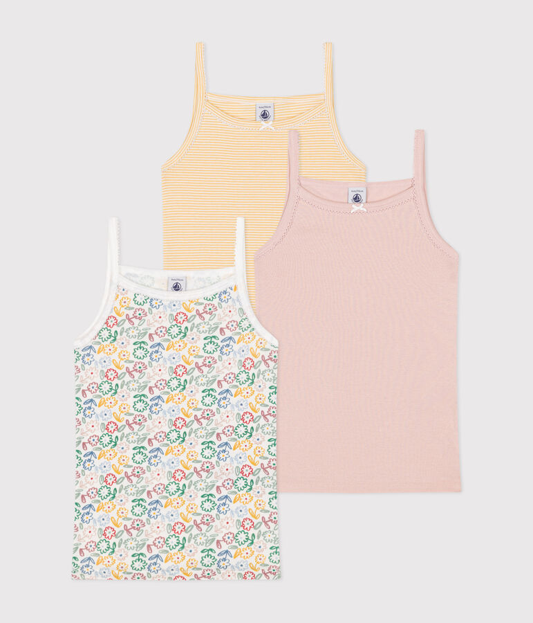 Setje van drie katoenen kinderhemdjes met smalle schouderbandjes en bloemmotief multicouleur