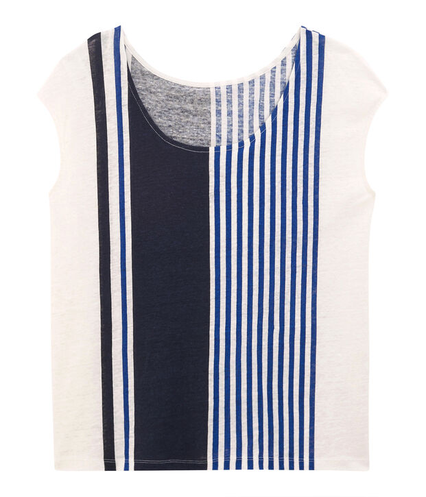 Dames-t-shirt met korte mouwen in linnen wit/multicouleur