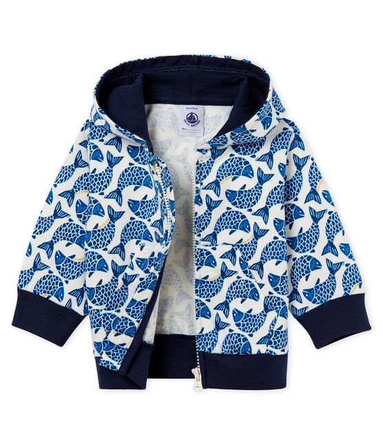 Hoodie met rits in bedrukte jersey voor babyjongens wit MARSHMALLOW/wit MULTICO