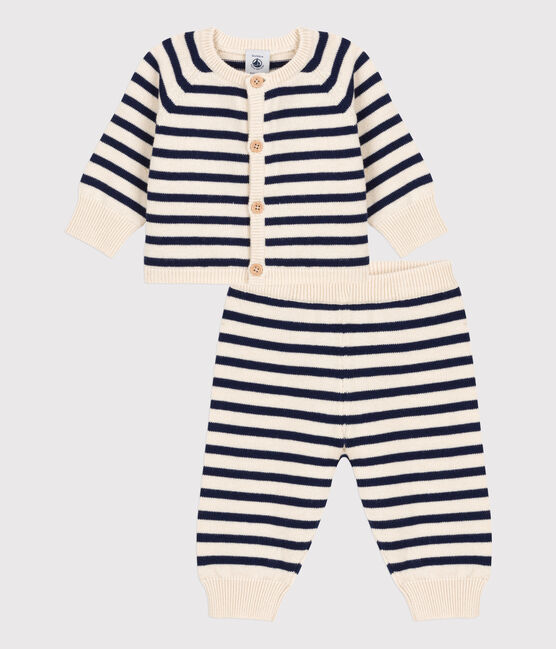 Ensemble 2 pièces à rayures marinières bébé en tricot laine et coton blanc AVALANCHE/bleu SMOKING