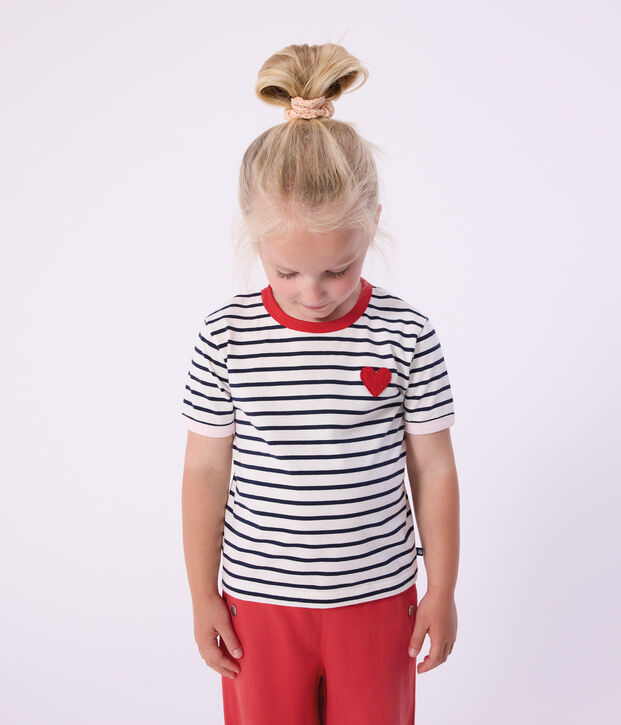 Katoenen kinder-T-shirt met korte mouw en streepjes wit/blauw