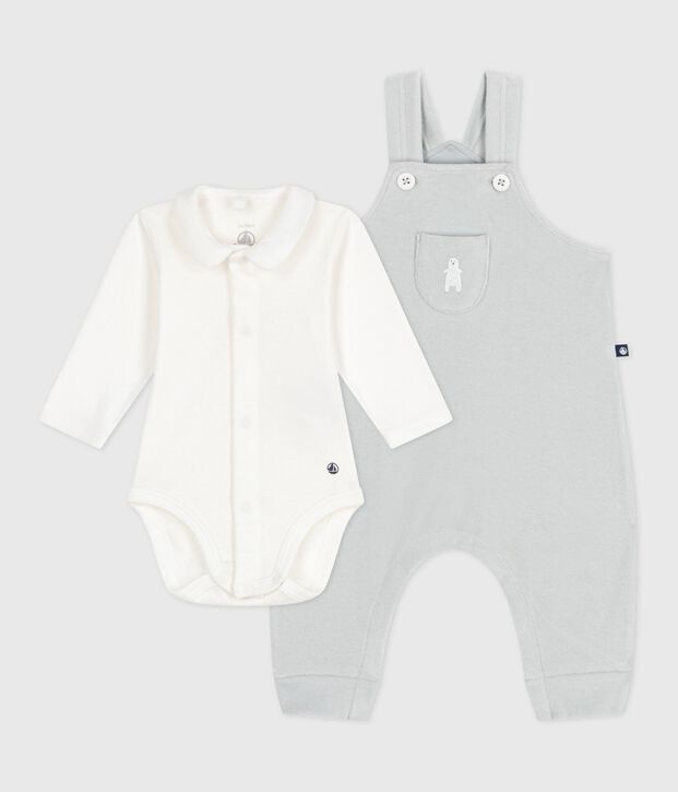 Effen katoenen babysetje met salopette, verfraaid met verfijnde details blauw/wit