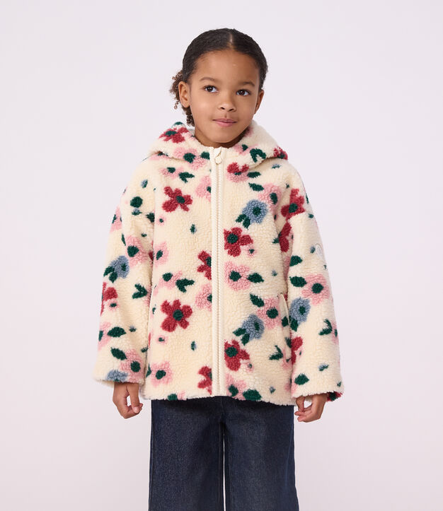 Kinderjasje met capuchon van sherpa met bloemetjesprint ecru/multicouleur