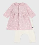 Babyjurkje met kraag en bloemetjes- en hartjesprint en legging van katoen roze JOLI/wit MULTICO