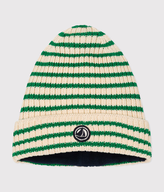 Bonnet en tricot doubl&eacute; en polaire rayures enfant &eacute;cru/vert