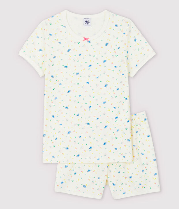 Pyjacourt &agrave; fleurs petite fille en coton et lin blanc/multicouleur