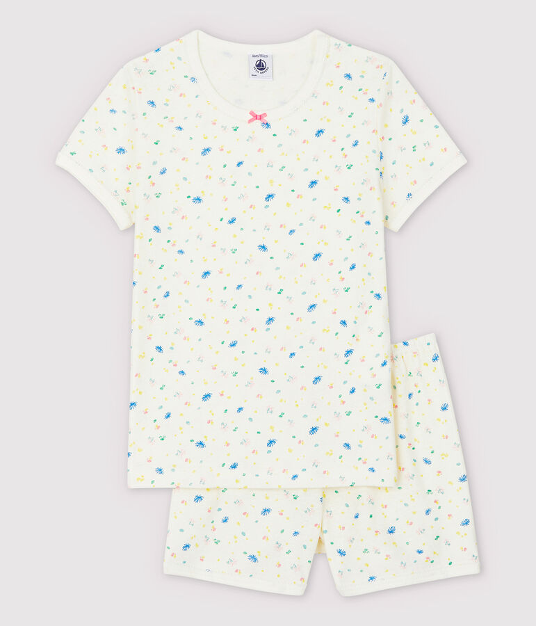 Pyjacourt &agrave; fleurs petite fille en coton et lin blanc/multicouleur