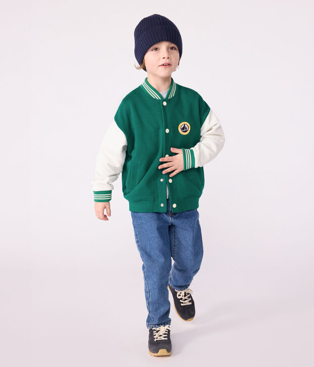 Veste teddy enfant en coton uni vert/&eacute;cru