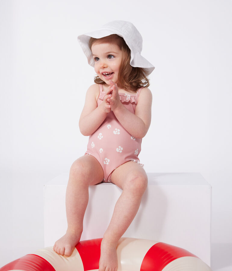 Maillot de bain b&eacute;b&eacute; une pi&egrave;ce &agrave; volants, imprim&eacute; fleuri rose/blanc
