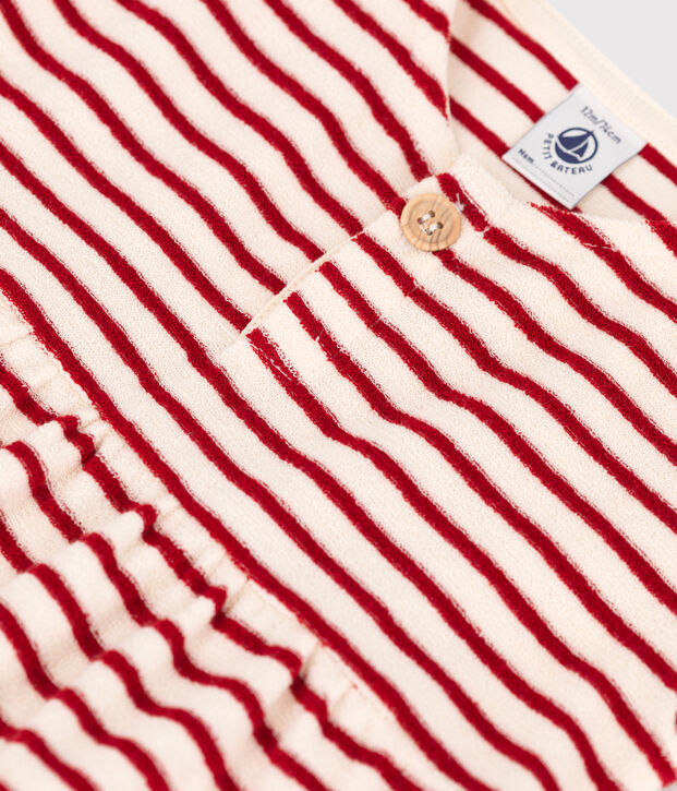 Robe manches courtes b&eacute;b&eacute; en bouclette &eacute;ponge &eacute;cru/rouge