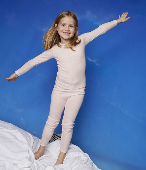 Legging van wol en katoen met milleraies strepen voor meisjes roze CHARME/wit MARSHMALLOW