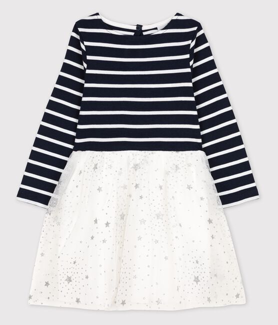 Meisjesjurk met lange mouwen van katoen en tule blauw SMOKING/wit MARSHMALLOW