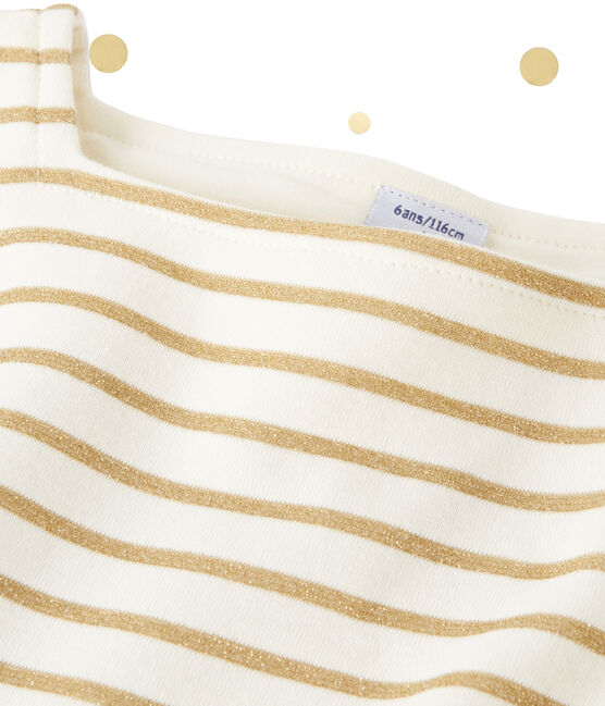 Robe fille bi-matière à rayures brillantes beige COQUILLE/jaune LUREX DORE