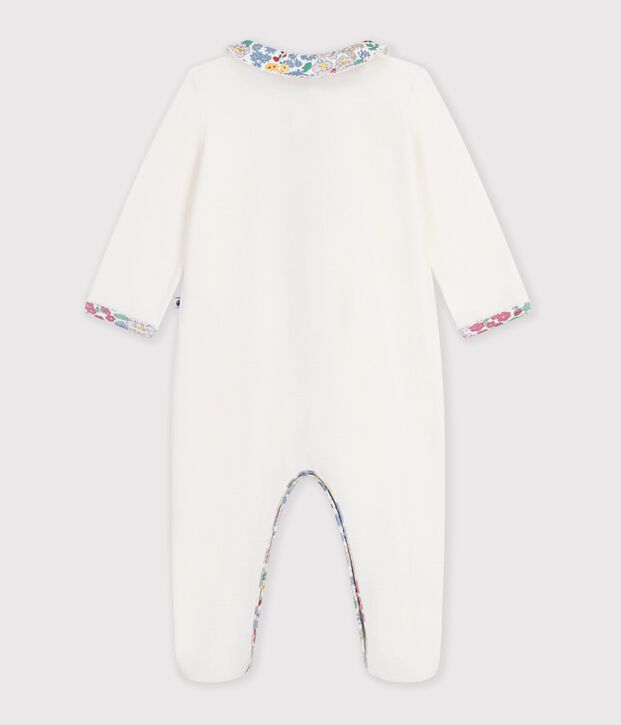 Pyjama b&eacute;b&eacute; en velours uni avec col, d&eacute;tail imprim&eacute; &agrave; fleurs blanc