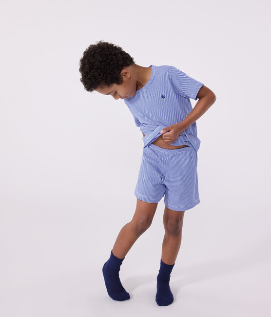 Korte katoenen kinderpyjama met streepjes blauw PERSE/wit MARSHMALLOW