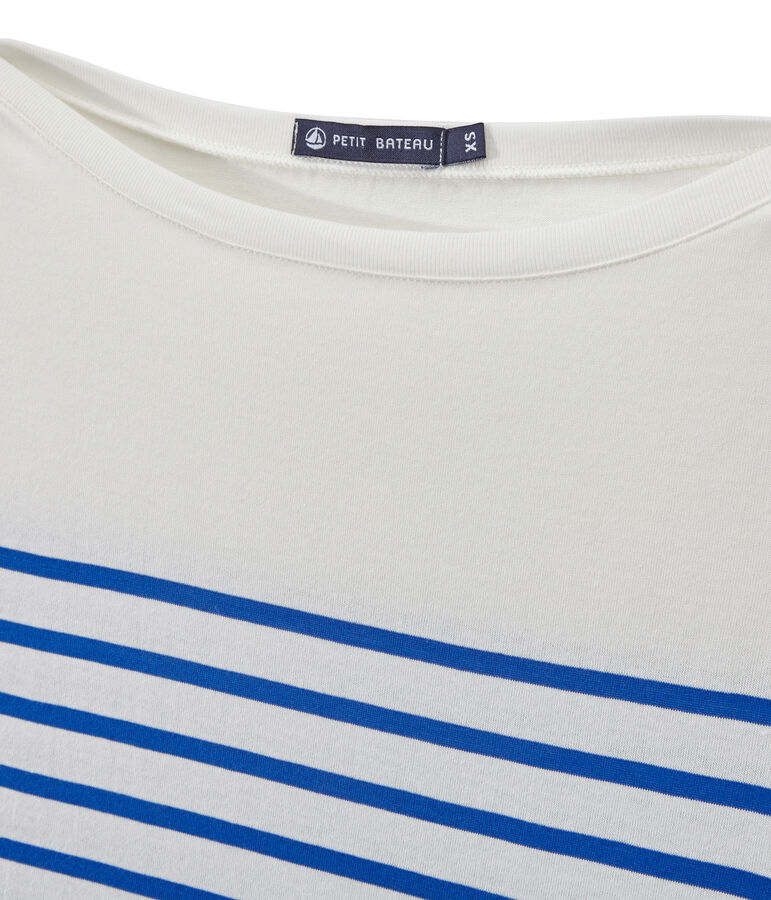 T-shirt femme manches longues &agrave; rayures blanc MARSHMALLOW/bleu PERSE