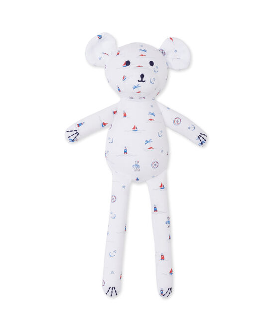 Doudou bébé ourson imprimé blanc ECUME/bleu DELFT