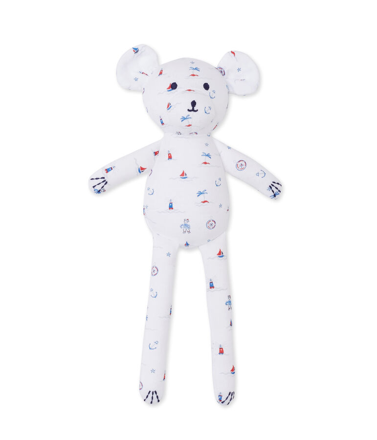 Doudou b&eacute;b&eacute; ourson imprim&eacute; blanc ECUME/bleu DELFT
