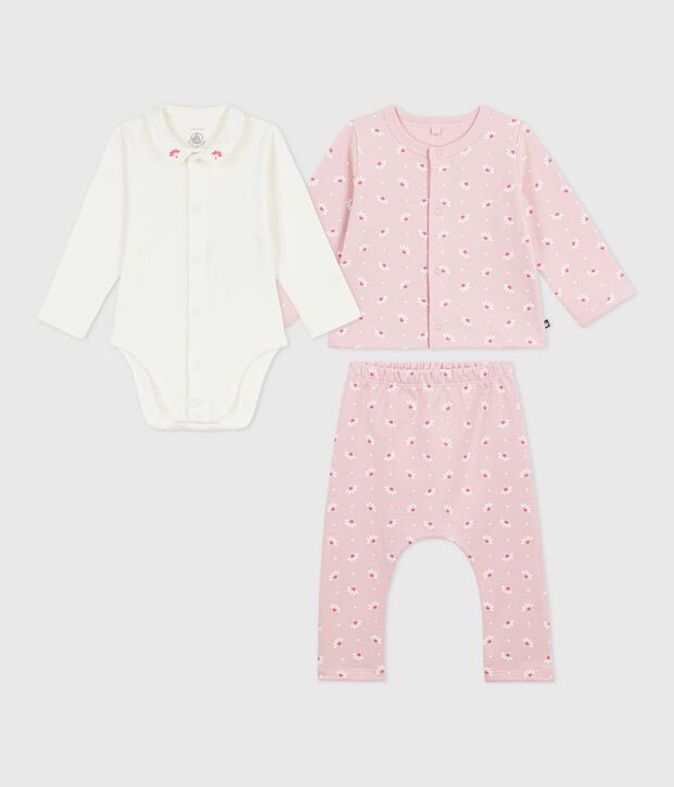 Driedelig babysetje met bloemetjesprint en body met borduursel roze/multicouleur
