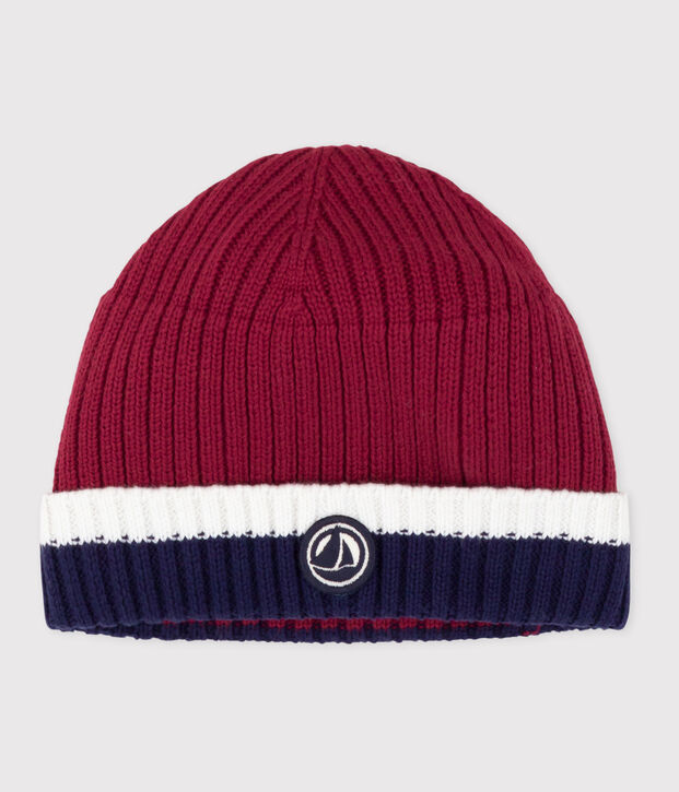 Gebreide babymuts met fleecevoering rood/multicouleur
