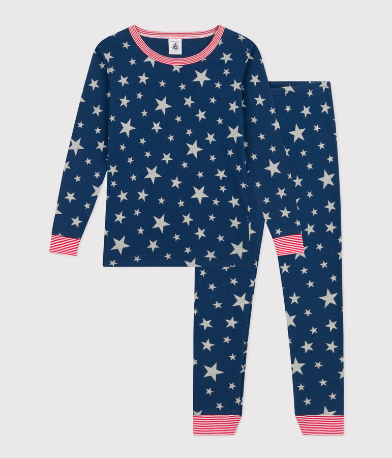 Aansluitende katoenen pyjama met lichtgevende sterretjesprint voor kinderen blauw/wit