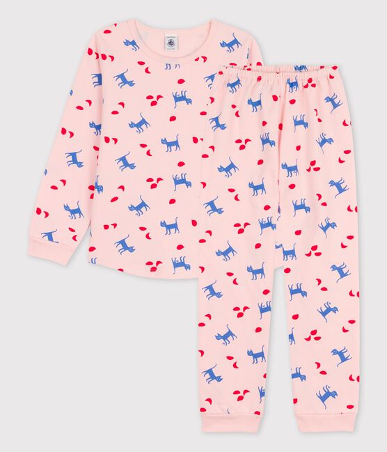 Meisjespyjama met kattenprint in katoen roze MINOIS/wit MULTICO