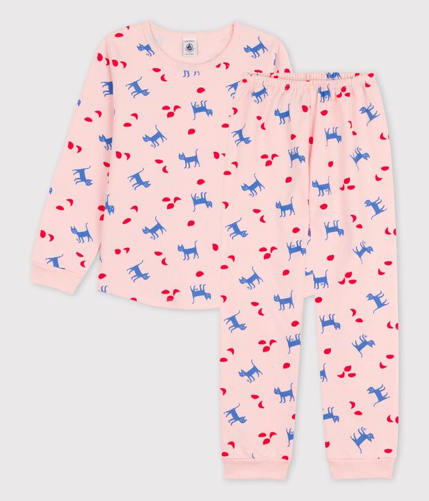 Meisjespyjama met kattenprint in katoen roze/multicouleur
