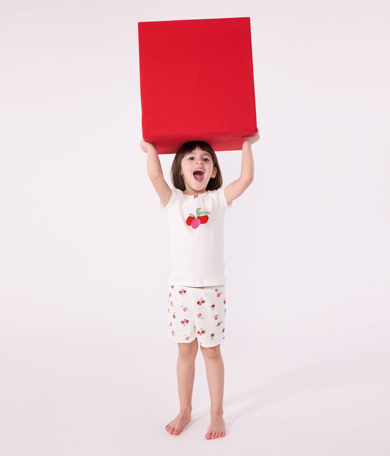 Korte katoenen kinderpyjama met vruchtenprint wit MARSHMALLOW/wit MULTICO