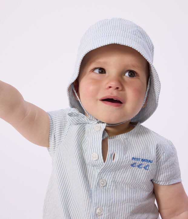Babyvissershoedje van seersucker met strikkoordjes blauw/wit