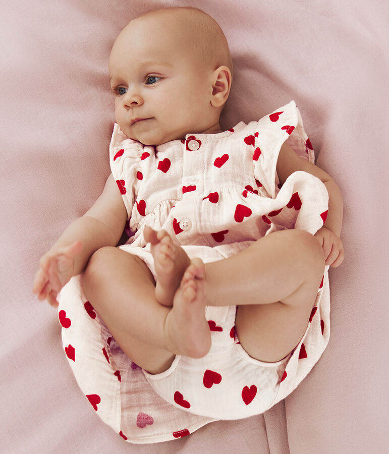 Robe b&eacute;b&eacute; en coton avec son bloomer, imprim&eacute;s c&oelig;urs rouge/rouge