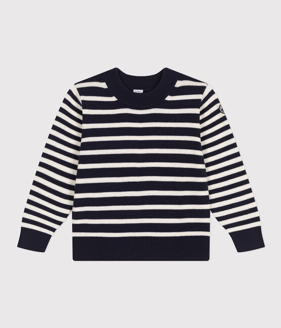 Gestreepte kindertrui in wol en katoen blauw SMOKING/wit MARSHMALLOW