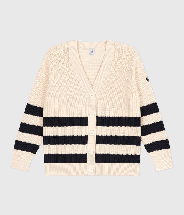 Katoenen damescardigan met strepen ecru/blauw