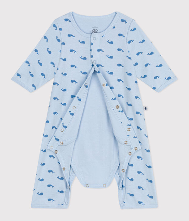 Katoenen bodypyjama zonder voetjes voor baby's met walvisprint blauw/blauw