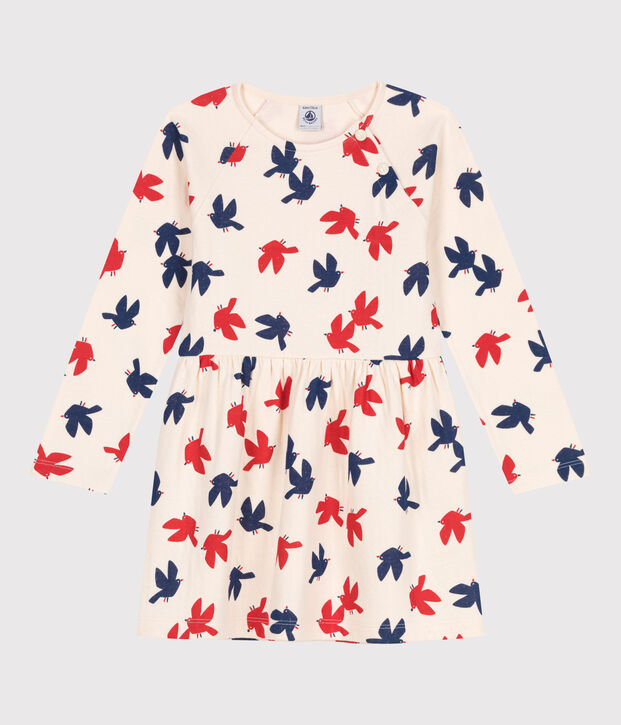 Robe enfant en coton manches longues imprim&eacute;e &eacute;cru/multicouleur