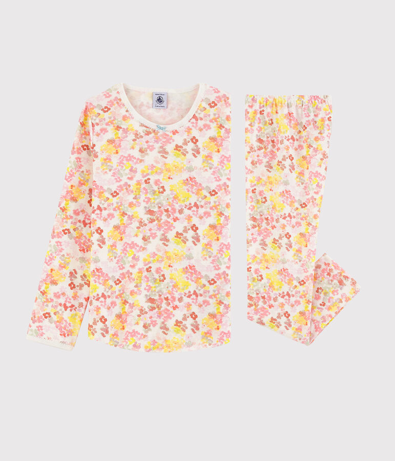 Pyjama fleurs aquarell&eacute;es petite fille en coton blanc/multicouleur