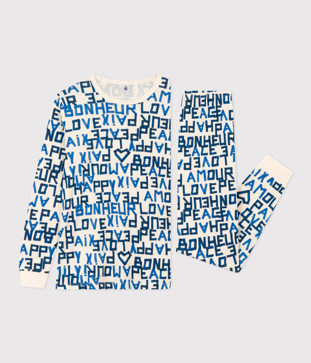 Katoenen jongenspyjama blauwe woorden ecru/multicouleur