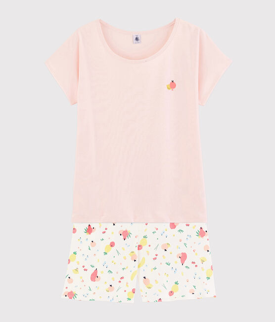 Pyjacourt met zomerfruitprint voor meisjes - dames, van biologisch katoen roze FLEUR/wit MULTICO