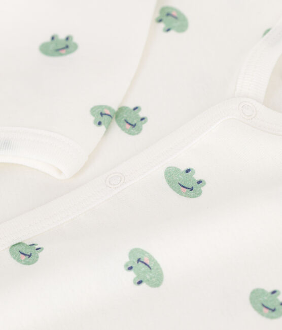 Katoenen babypyjama zonder voetjes met kikkerprint wit MARSHMALLOW/wit MULTICO