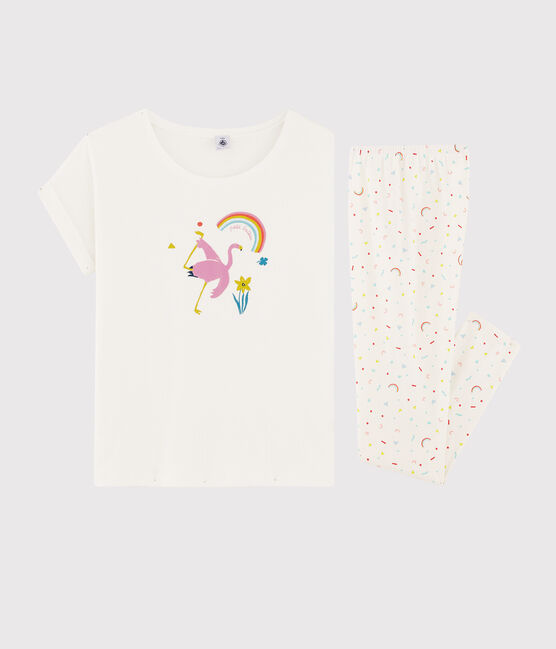 Meisjes-dame pyjama van ribtricot met roze flamingo wit MARSHMALLOW/wit MULTICO